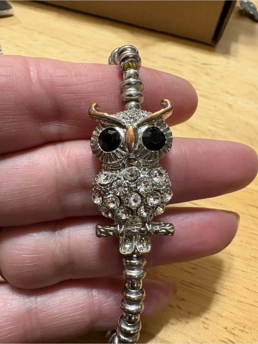 B2 Crystal Owl Bracelet - Silver Tone with Black Eyes